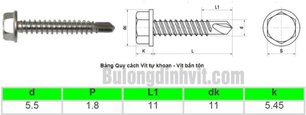 Vít bắn tôn inox 410 M5.5x100 đầu lục giác